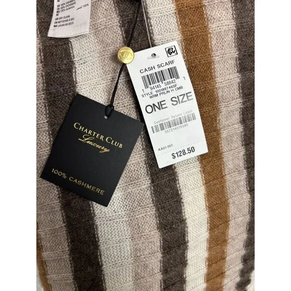 Charter Club Luxury 100% Cashmere Striped Scarf Brown/White/Beige One Size NWT's - Picture 5 of 6